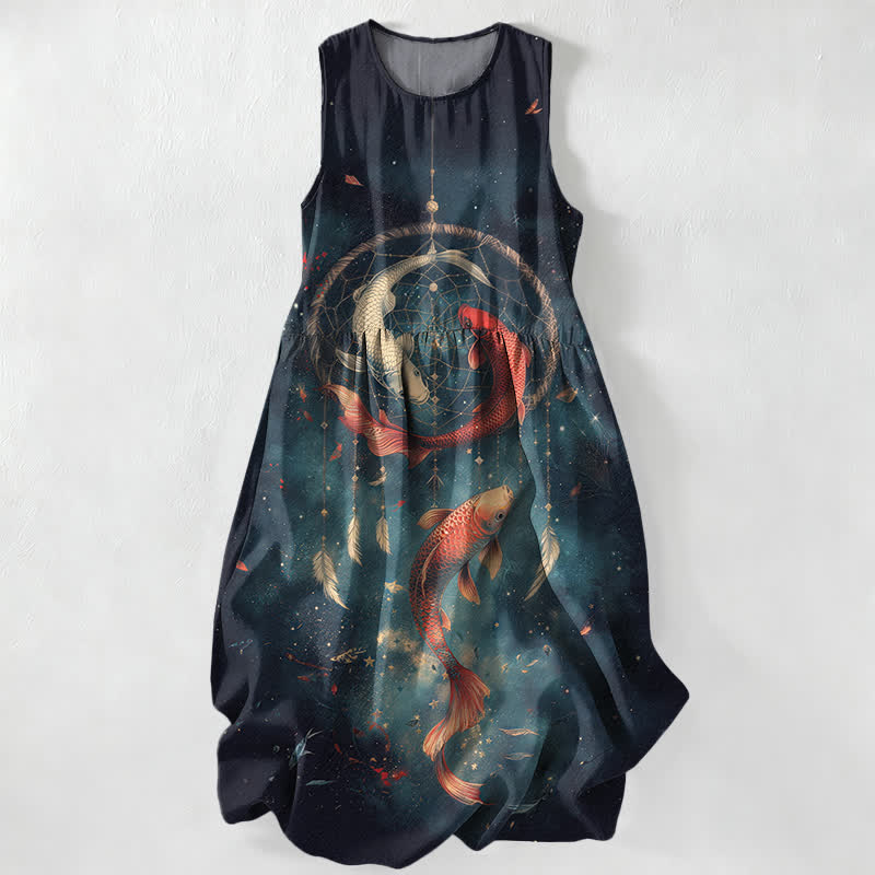 Buddha Stones Summer Casual Twin Koi Fish Feather Pattern Women's Summer Sleeveless Midi Dress With Pockets - MidnightBlue - US16,UK/AU20,EU48 (3XL) - image 0