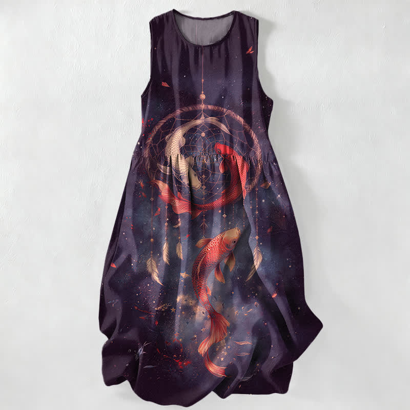 Buddha Stones Summer Casual Twin Koi Fish Feather Pattern Women's Summer Sleeveless Midi Dress With Pockets - Indigo - US16,UK/AU20,EU48 (3XL) - image 4