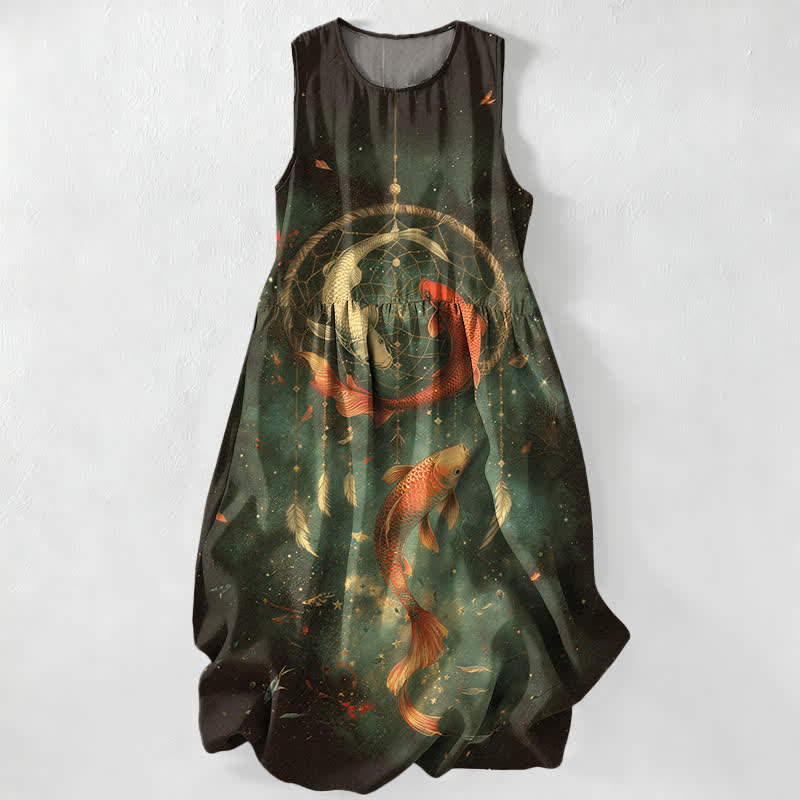 Buddha Stones Summer Casual Twin Koi Fish Feather Pattern Women's Summer Sleeveless Midi Dress With Pockets - DarkGreen - US16,UK/AU20,EU48 (3XL) - image 5