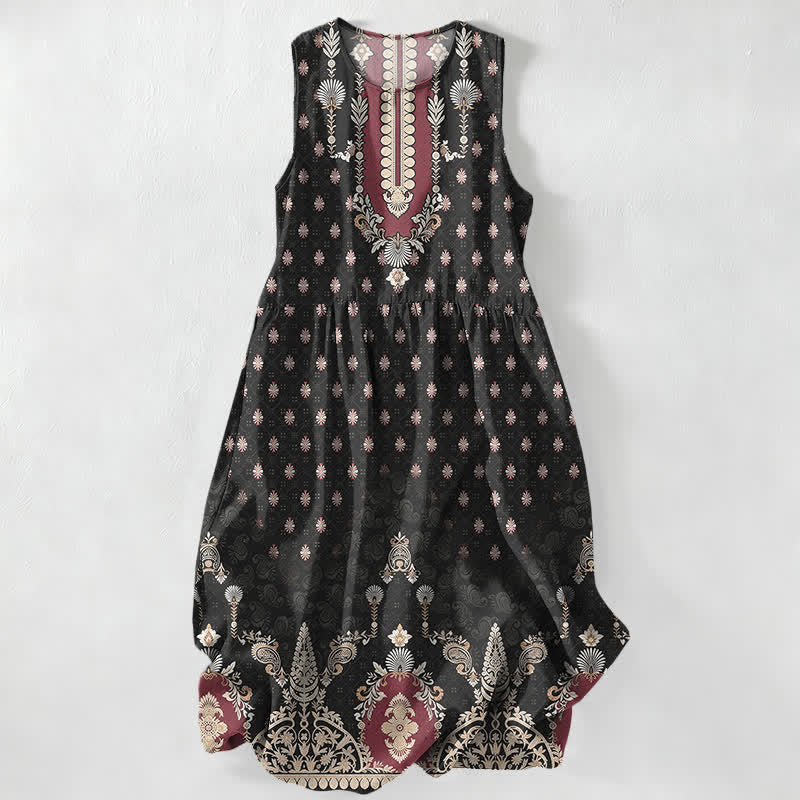 Buddha Stones Summer Casual Pink Ethnic Floral Pattern Women's Summer Sleeveless Midi Dress With Pockets - Black - US16,UK/AU20,EU48 (3XL) - image 0