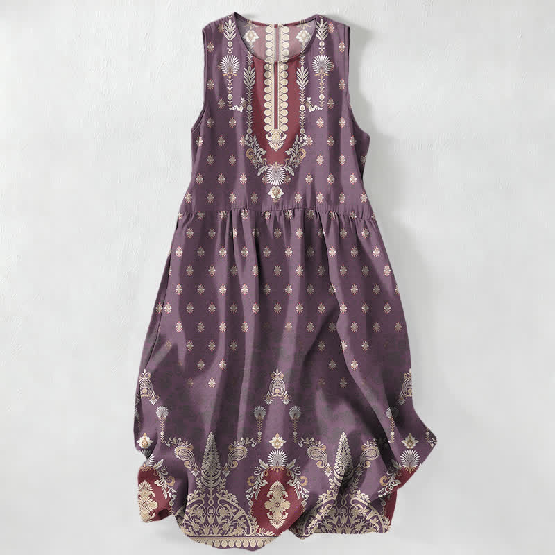 Buddha Stones Summer Casual Pink Ethnic Floral Pattern Women's Summer Sleeveless Midi Dress With Pockets - Purple - US16,UK/AU20,EU48 (3XL) - image 4