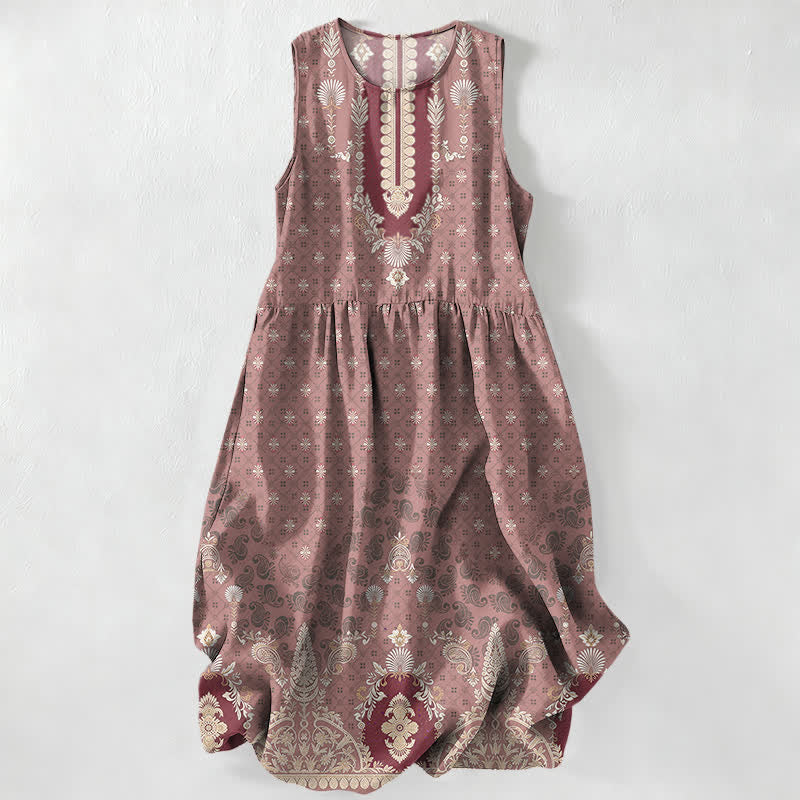 Buddha Stones Summer Casual Pink Ethnic Floral Pattern Women's Summer Sleeveless Midi Dress With Pockets - RosyBrown - US16,UK/AU20,EU48 (3XL) - image 5