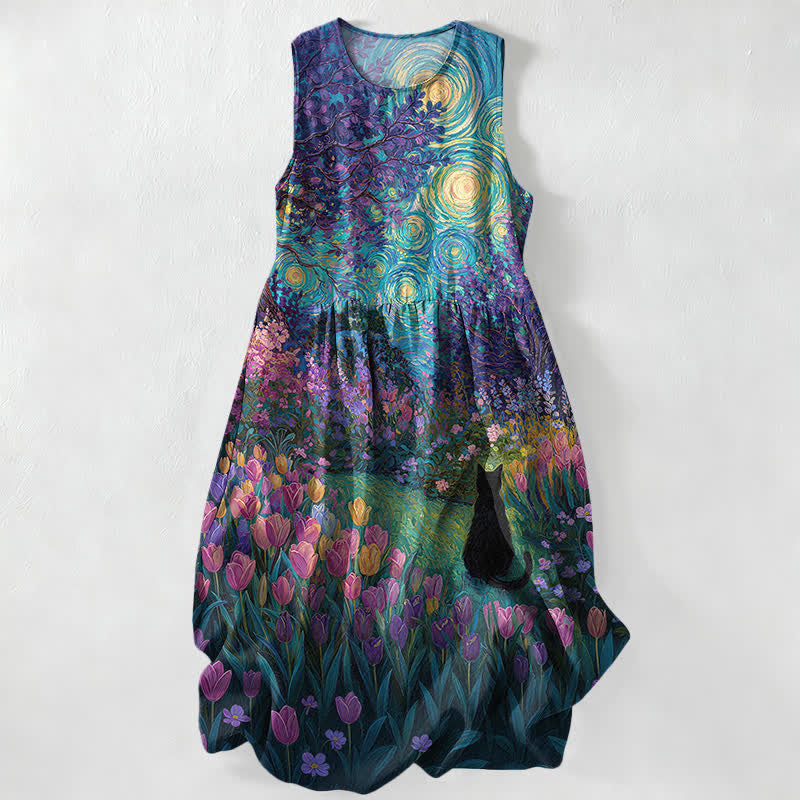 Buddha Stones Summer Casual Oil Painting Style Floral Swirl With Black Cat Pattern Women's Summer Sleeveless Midi Dress With Pockets - DodgerBlue - US16,UK/AU20,EU48 (3XL) - image 0