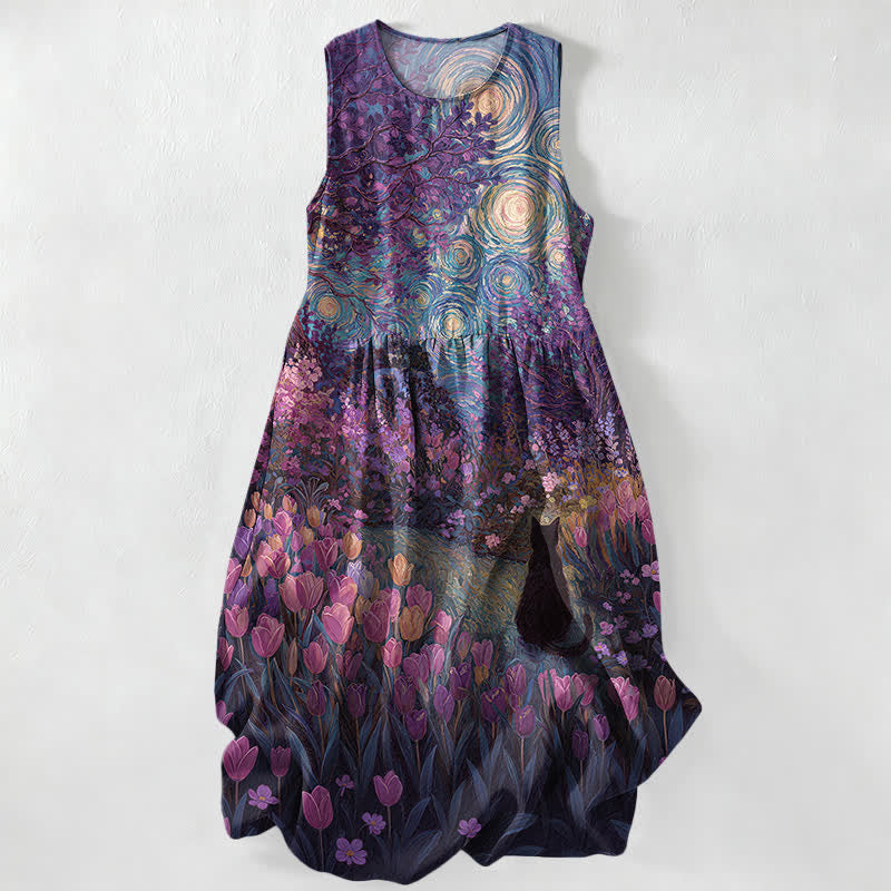Buddha Stones Summer Casual Oil Painting Style Floral Swirl With Black Cat Pattern Women's Summer Sleeveless Midi Dress With Pockets - DarkViolet - US16,UK/AU20,EU48 (3XL) - image 4