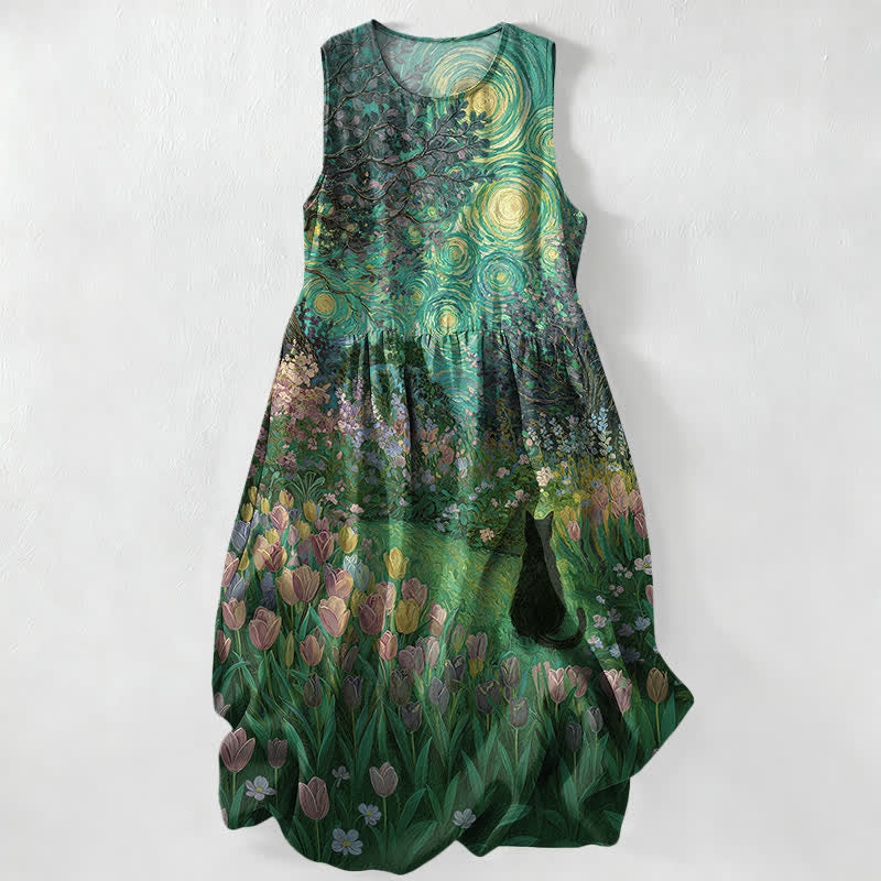 Buddha Stones Summer Casual Oil Painting Style Floral Swirl With Black Cat Pattern Women's Summer Sleeveless Midi Dress With Pockets - ForestGreen - US16,UK/AU20,EU48 (3XL) - image 5