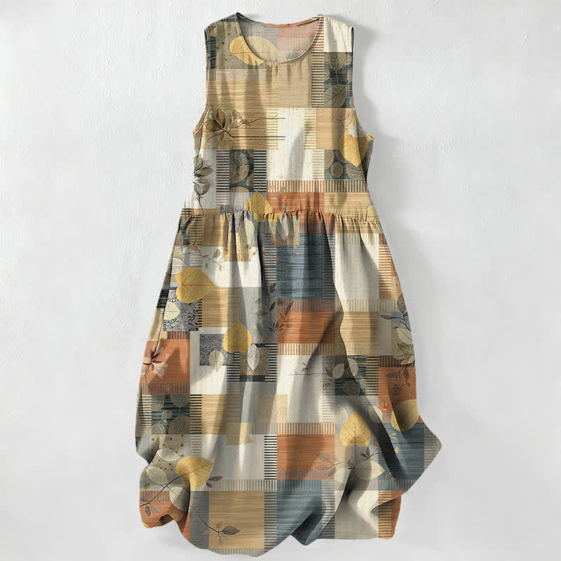 Buddha Stones Summer Casual Patchwork Leaf Geometric Pattern Women's Summer Sleeveless Midi Dress With Pockets - Tan - US16,UK/AU20,EU48 (3XL) - image 0