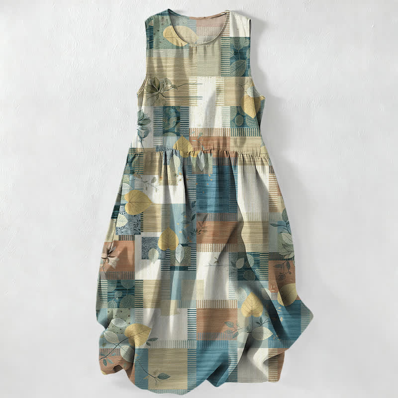 Buddha Stones Summer Casual Patchwork Leaf Geometric Pattern Women's Summer Sleeveless Midi Dress With Pockets - CornflowerBlue - US16,UK/AU20,EU48 (3XL) - image 4