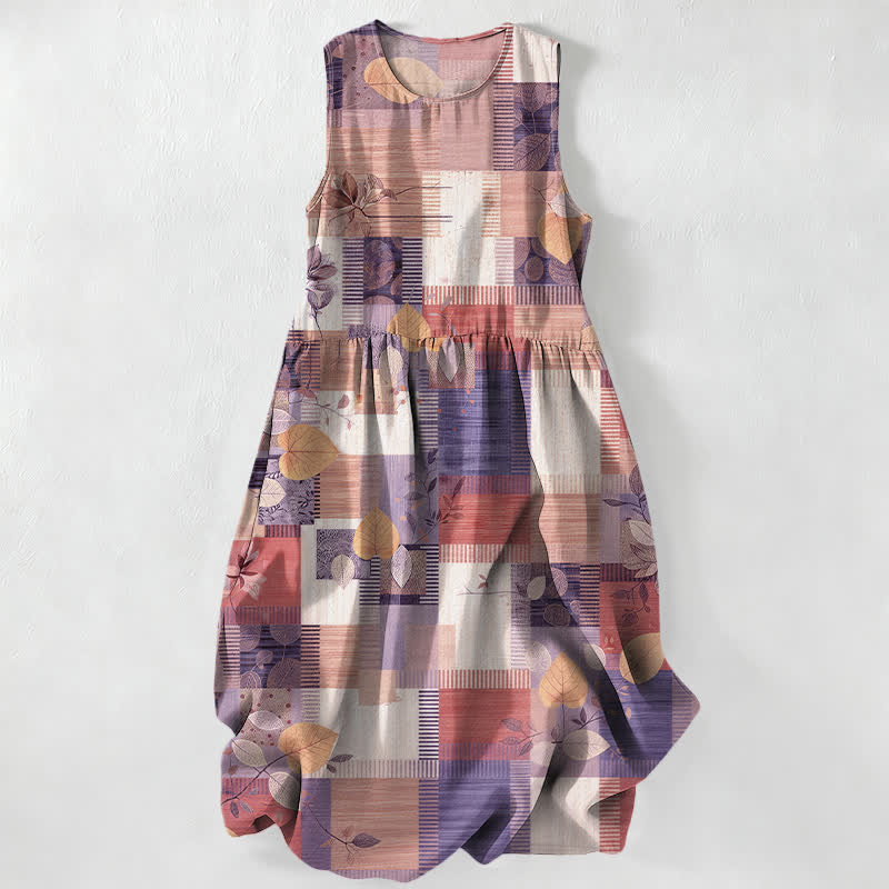Buddha Stones Summer Casual Patchwork Leaf Geometric Pattern Women's Summer Sleeveless Midi Dress With Pockets - Plum - US16,UK/AU20,EU48 (3XL) - image 5