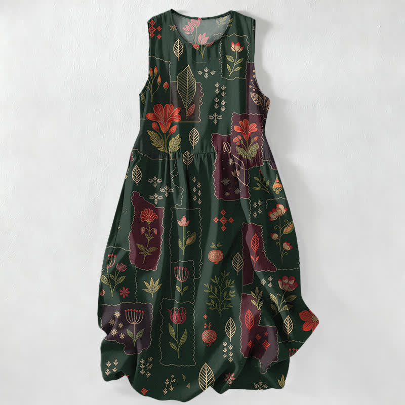 Buddha Stones Summer Casual Vintage Floral Patchwork Leaves Pattern Women's Summer Sleeveless Midi Dress With Pockets - DarkGreen - US16,UK/AU20,EU48 (3XL) - image 0