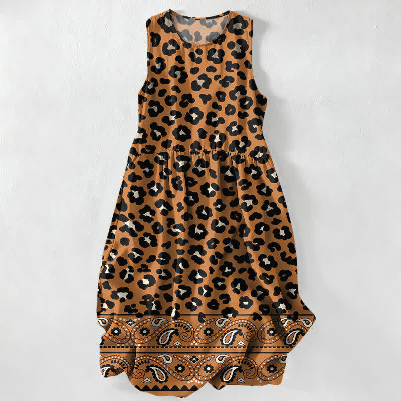 Buddha Stones Summer Casual Vintage Leopard Paisley Border Pattern Women's Summer Sleeveless Midi Dress With Pockets - Peru - US16,UK/AU20,EU48 (3XL) - image 0