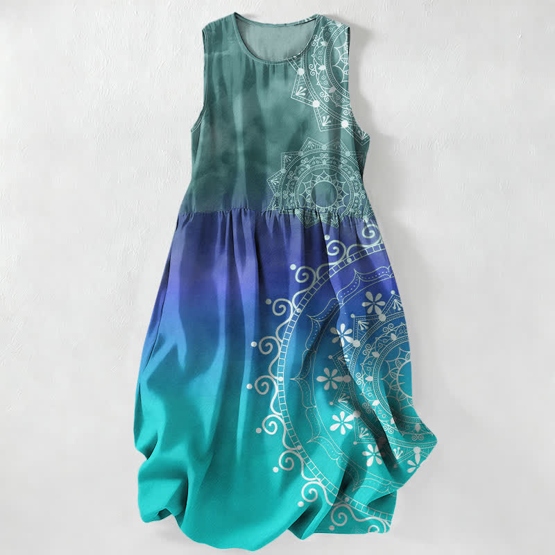Buddha Stones Summer Casual Boho Mandala Ombre Pattern Women's Summer Sleeveless Midi Dress With Pockets - LightSeaGreen - US16,UK/AU20,EU48 (3XL) - image 0