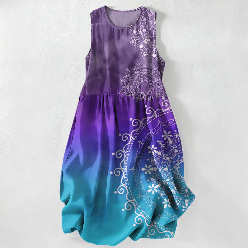 Buddha Stones Summer Casual Boho Mandala Ombre Pattern Women's Summer Sleeveless Midi Dress With Pockets - BlueViolet - US16,UK/AU20,EU48 (3XL) - image 4