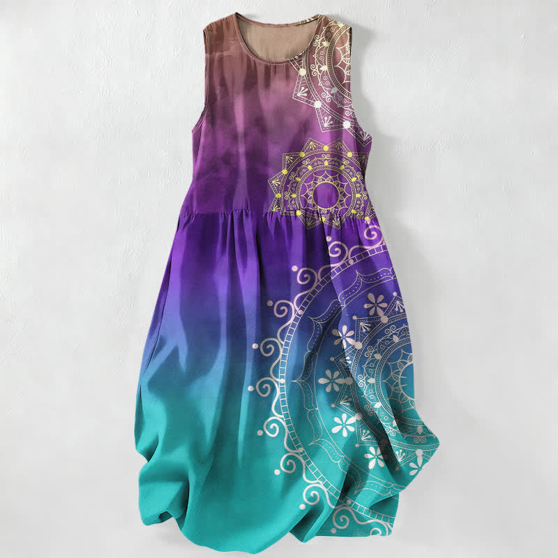 Buddha Stones Summer Casual Boho Mandala Ombre Pattern Women's Summer Sleeveless Midi Dress With Pockets - Peru - US16,UK/AU20,EU48 (3XL) - image 5
