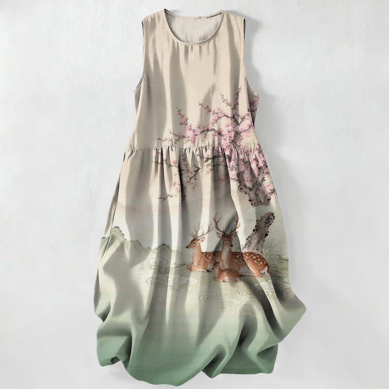 Buddha Stones Summer Casual Peach Blossom Tree Sika Deer Landscape Pattern Women's Summer Sleeveless Midi Dress With Pockets - Beige - US16,UK/AU20,EU48 (3XL) - image 0