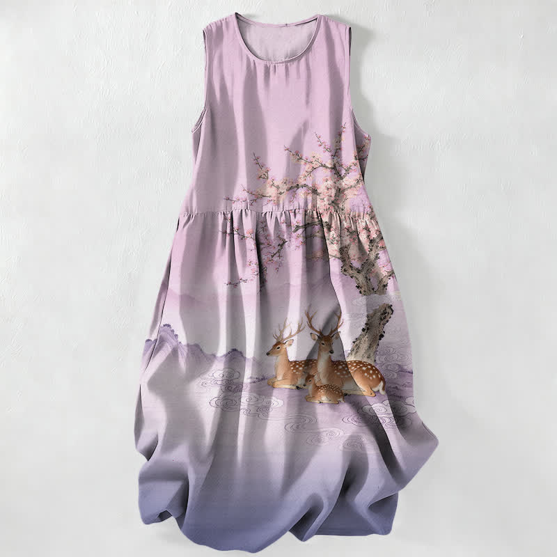 Buddha Stones Summer Casual Peach Blossom Tree Sika Deer Landscape Pattern Women's Summer Sleeveless Midi Dress With Pockets - Thistle - US16,UK/AU20,EU48 (3XL) - image 4