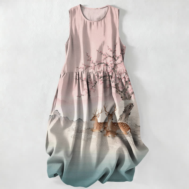 Buddha Stones Summer Casual Peach Blossom Tree Sika Deer Landscape Pattern Women's Summer Sleeveless Midi Dress With Pockets - LightPink - US16,UK/AU20,EU48 (3XL) - image 5