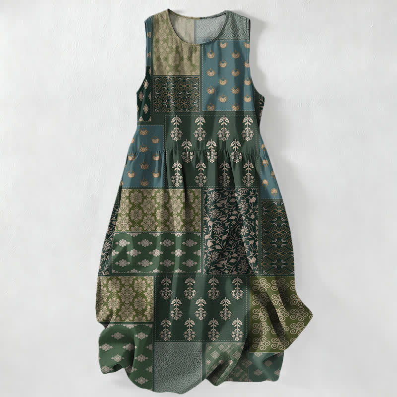 Buddha Stones Summer Casual Vintage Patchwork Floral Leaves Pattern Women's Summer Sleeveless Midi Dress With Pockets - DarkOliveGreen - US16,UK/AU20,EU48 (3XL) - image 0