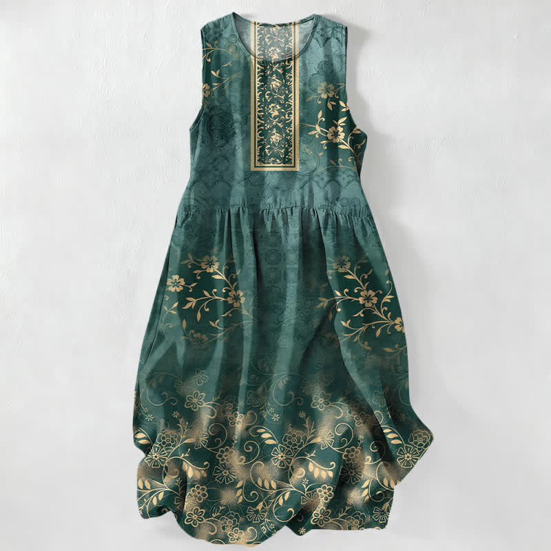 Buddha Stones Summer Casual Vintage Floral Vine Pattern Women's Summer Sleeveless Midi Dress With Pockets - SeaGreen - US16,UK/AU20,EU48 (3XL) - image 0