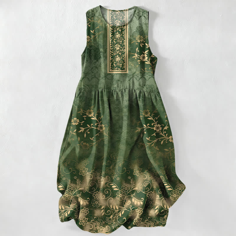 Buddha Stones Summer Casual Vintage Floral Vine Pattern Women's Summer Sleeveless Midi Dress With Pockets - DarkOliveGreen - US16,UK/AU20,EU48 (3XL) - image 4