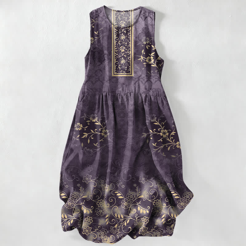 Buddha Stones Summer Casual Vintage Floral Vine Pattern Women's Summer Sleeveless Midi Dress With Pockets - DarkOrchid - US16,UK/AU20,EU48 (3XL) - image 5