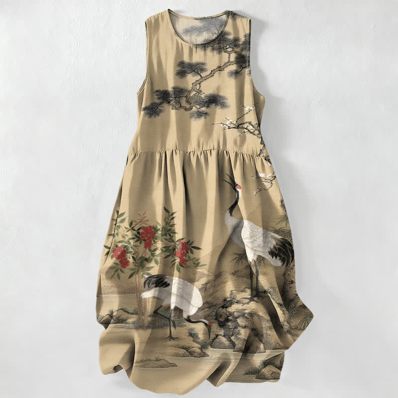 Buddha Stones Summer Casual Red Flower Crane Plum Blossom Pine Branches Pattern Women's Summer Sleeveless Midi Dress With Pockets - Tan - US16,UK/AU20,EU48 (3XL) - image 0