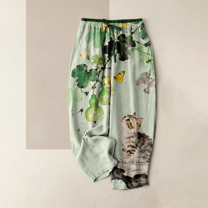 Buddha Stones Pure Cotton Gourd Vines Yellow Butterfly Cat Pattern Women's Elastic Waist Pants With Pockets - PaleGreen - US16,UK/AU20,EU48 (3XL) - image 0