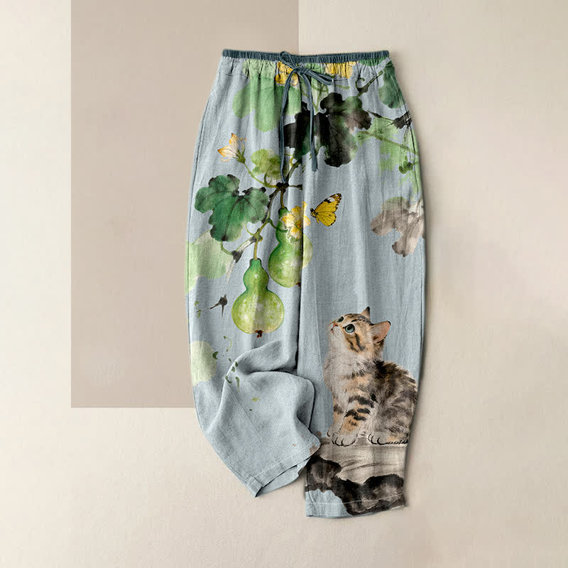 Buddha Stones Pure Cotton Gourd Vines Yellow Butterfly Cat Pattern Women's Elastic Waist Pants With Pockets - LightSteelBlue - US16,UK/AU20,EU48 (3XL) - image 3