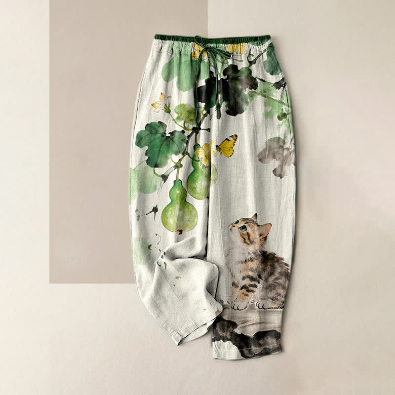 Buddha Stones Pure Cotton Gourd Vines Yellow Butterfly Cat Pattern Women's Elastic Waist Pants With Pockets - Ivory - US16,UK/AU20,EU48 (3XL) - image 4