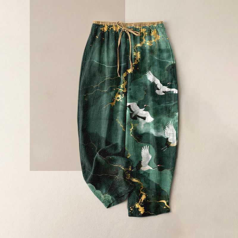 Buddha Stones Pure Cotton Elegant White Crane Gold Pattern Women's Elastic Waist Pants With Pockets - DarkCyan - US16,UK/AU20,EU48 (3XL) - image 0