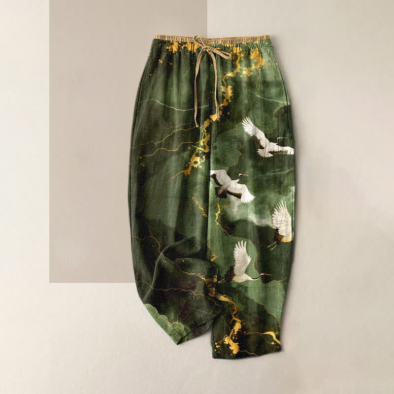 Buddha Stones Pure Cotton Elegant White Crane Gold Pattern Women's Elastic Waist Pants With Pockets - DarkOliveGreen - US16,UK/AU20,EU48 (3XL) - image 4