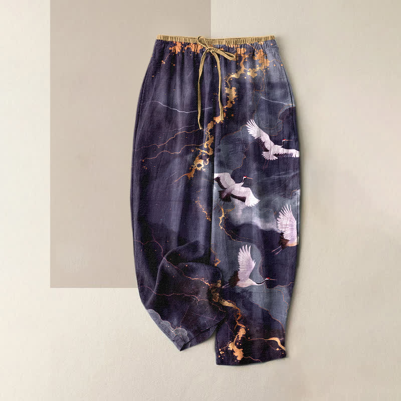 Buddha Stones Pure Cotton Elegant White Crane Gold Pattern Women's Elastic Waist Pants With Pockets - BlueViolet - US16,UK/AU20,EU48 (3XL) - image 5