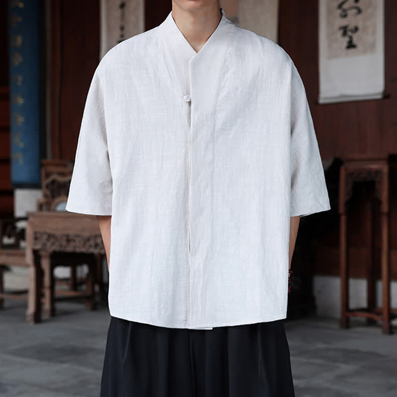 Buddha Stones Spring Summer Tang Style Minimalist Pankou Solid Men's Elbow-Length Shirts - WhiteSmoke - US/UK/AU46,EU56 (5XL) - image 17