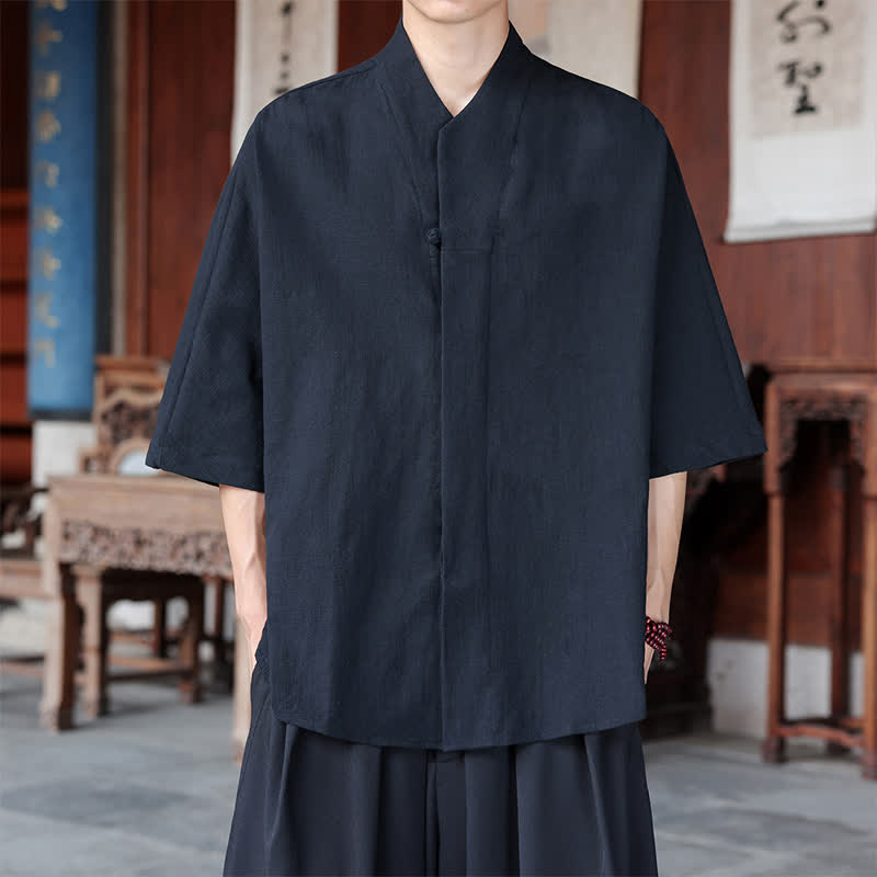 Buddha Stones Spring Summer Tang Style Minimalist Pankou Solid Men's Elbow-Length Shirts - Black - US/UK/AU46,EU56 (5XL) - image 9