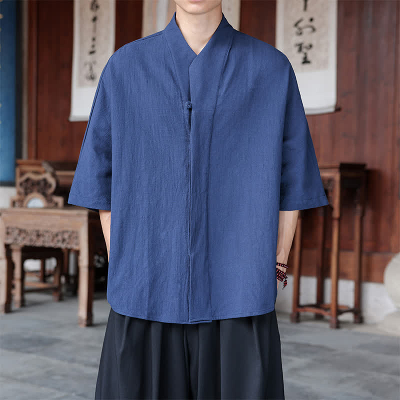 Buddha Stones Spring Summer Tang Style Minimalist Pankou Solid Men's Elbow-Length Shirts - SteelBlue - US/UK/AU46,EU56 (5XL) - image 0