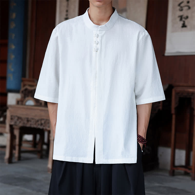 Buddha Stones Spring Summer Tang Style Casual Frog Button Solid Cotton Linen Men's Elbow-Length Sleeve Shirts - White - US/UK/AU46,EU56 (5XL) - image 18