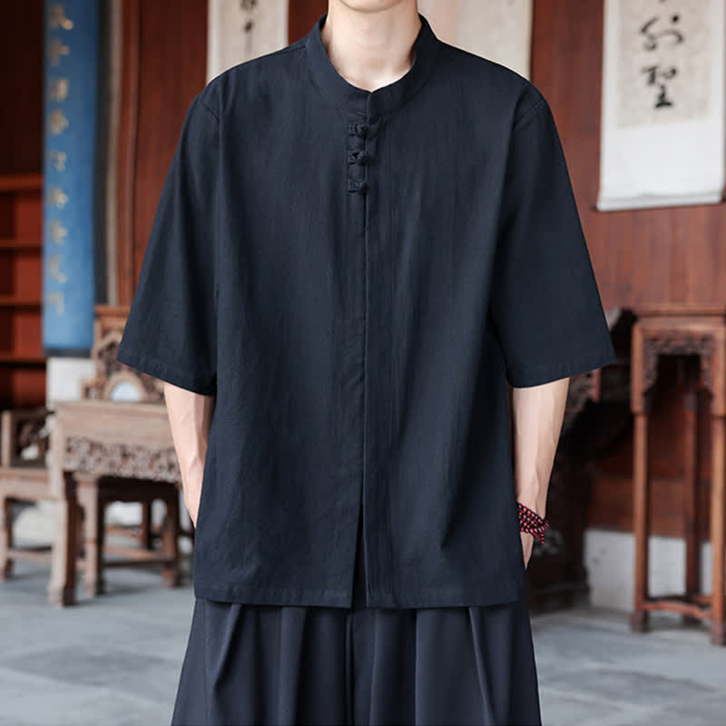 Buddha Stones Spring Summer Tang Style Casual Frog Button Solid Cotton Linen Men's Elbow-Length Sleeve Shirts - Black - US/UK/AU46,EU56 (5XL) - image 9