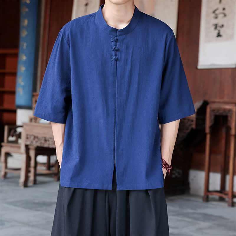 Buddha Stones Spring Summer Tang Style Casual Frog Button Solid Cotton Linen Men's Elbow-Length Sleeve Shirts - RoyalBlue - US/UK/AU46,EU56 (5XL) - image 0