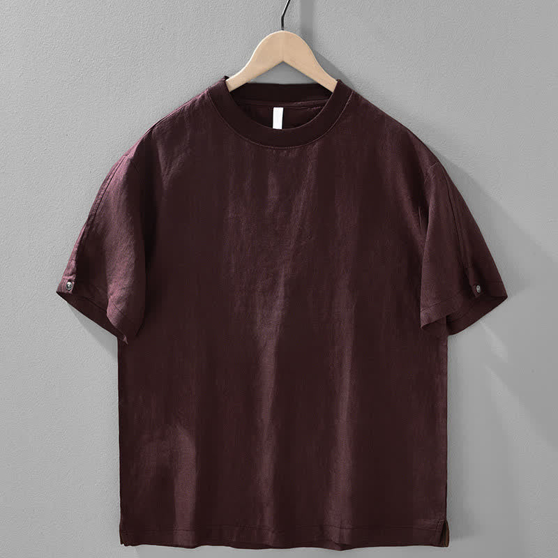 Buddha Stones Summer Casual Minimalist Solid Linen Crew Neck Men's Short Sleeve T-Shirts - Maroon - US/UK/AU42,EU52 (3XL) - image 13