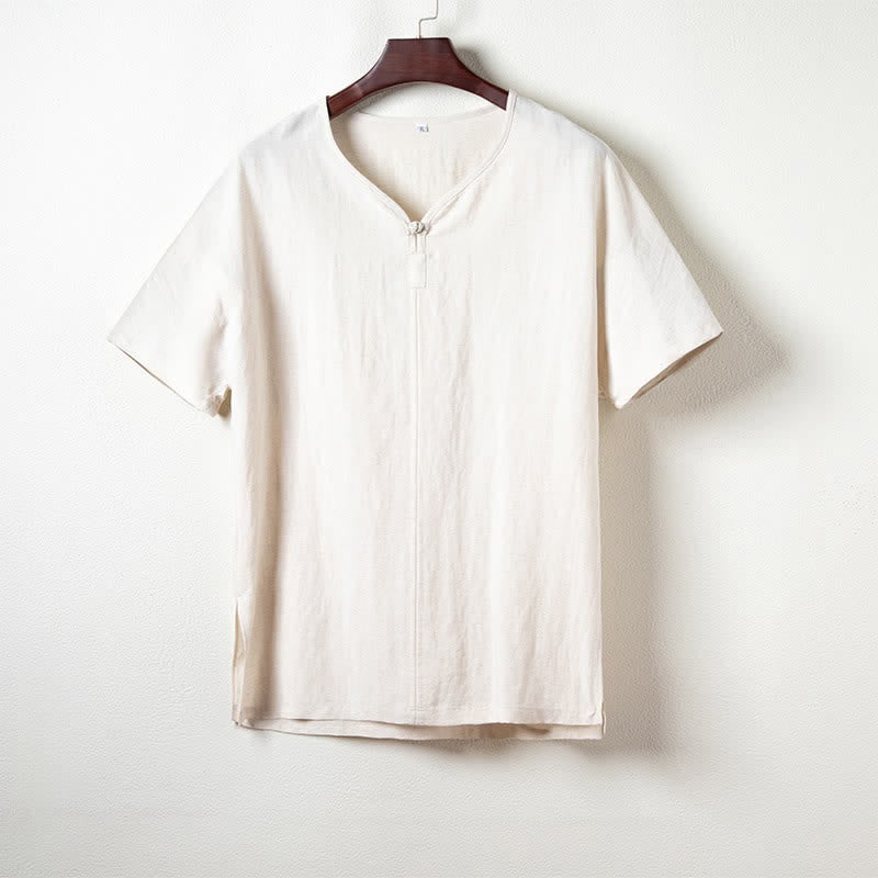 Buddha Stones Summer Casual Tang Style V-Neck Solid Men's Short Sleeve Shirts - Linen - US/UK/AU44,EU54 (4XL) - image 9
