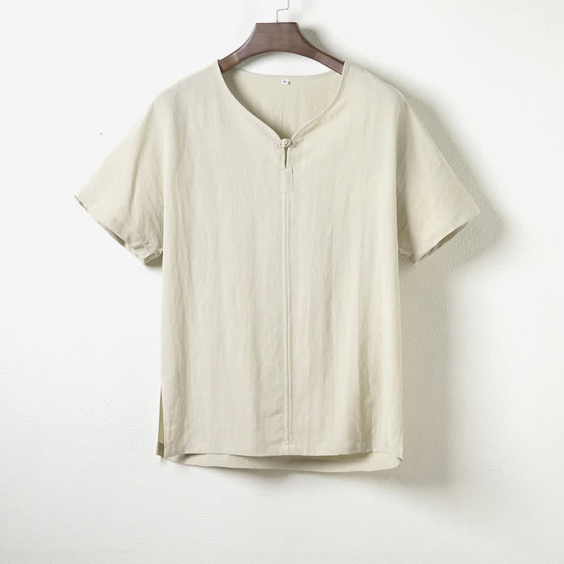 Buddha Stones Summer Casual Tang Style V-Neck Solid Men's Short Sleeve Shirts - Honeydew - US/UK/AU44,EU54 (4XL) - image 7