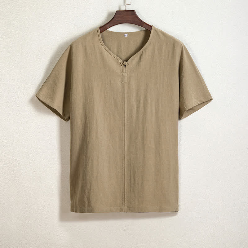 Buddha Stones Summer Casual Tang Style V-Neck Solid Men's Short Sleeve Shirts - Tan - US/UK/AU44,EU54 (4XL) - image 0
