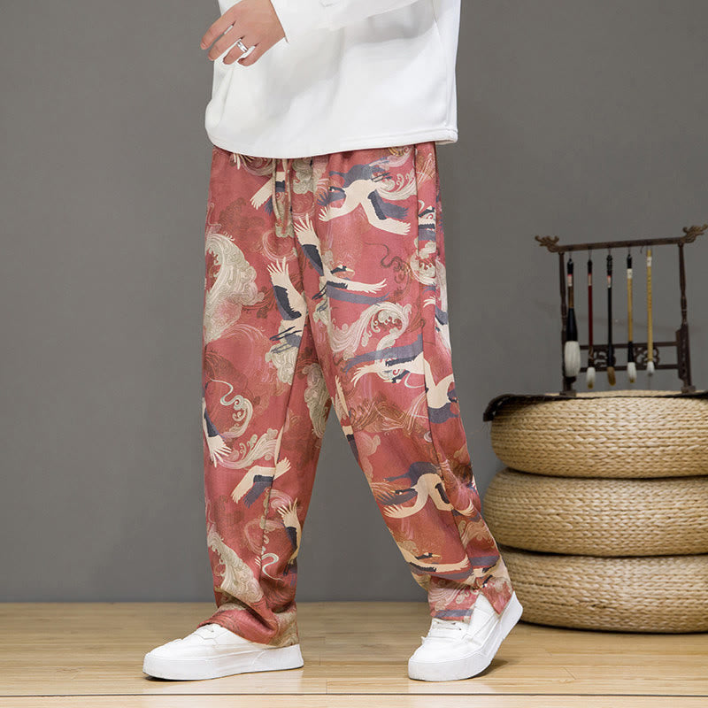 Buddha Stones Spring Summer Casual Drawstring Crane Print Ankle Pants Men's Harem Pants With Pockets - IndianRed - US/UK/AU44,EU54 (4XL) - image 9
