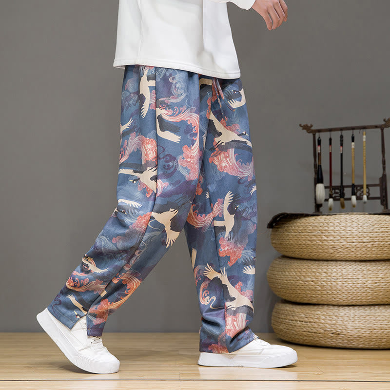 Buddha Stones Spring Summer Casual Drawstring Crane Print Ankle Pants Men's Harem Pants With Pockets - LightSteelBlue - US/UK/AU44,EU54 (4XL) - image 0