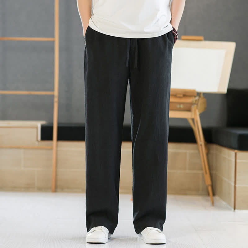 Buddha Stones Spring Summer Casual Minimalist Drawstring Solid Long Pants Men's Straight Leg Pants With Pockets - Black - US/UK/AU46,EU56 (5XL) - image 6
