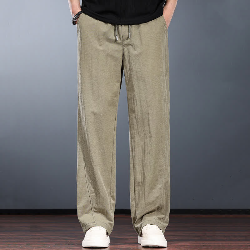 Buddha Stones Spring Summer Casual Minimalist Drawstring Elastic Waist Solid Long Pants Men's Straight Leg Pants With Pockets - Tan - US/UK/AU44,EU54 (4XL) - image 0