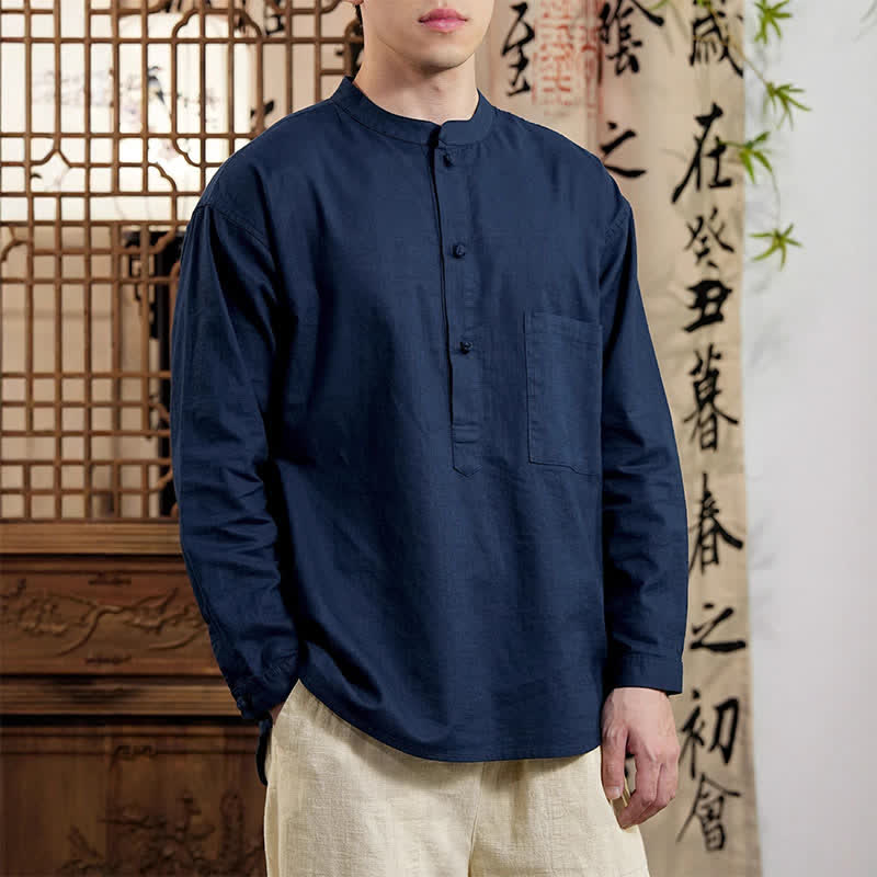 Buddha Stones Spring Tang Style Minimalist Mandarin Collar Solid Linen Cotton Men's Long Sleeve Shirts With Patch Pocket - Navy - US/UK/AU46,EU56 (5XL) - image 0