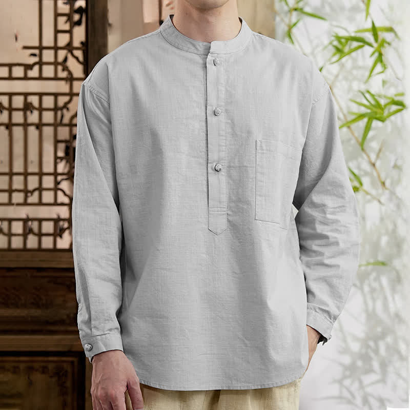 Buddha Stones Spring Tang Style Minimalist Mandarin Collar Solid Linen Cotton Men's Long Sleeve Shirts With Patch Pocket - LightGray - US/UK/AU46,EU56 (5XL) - image 14