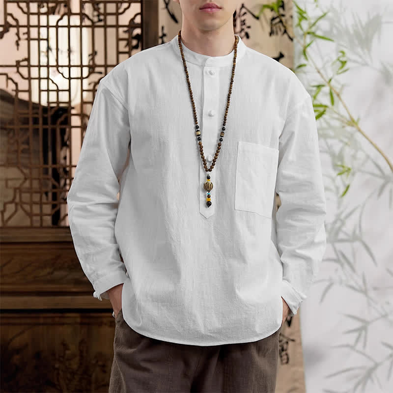 Buddha Stones Spring Tang Style Minimalist Mandarin Collar Solid Linen Cotton Men's Long Sleeve Shirts With Patch Pocket - White - US/UK/AU46,EU56 (5XL) - image 17