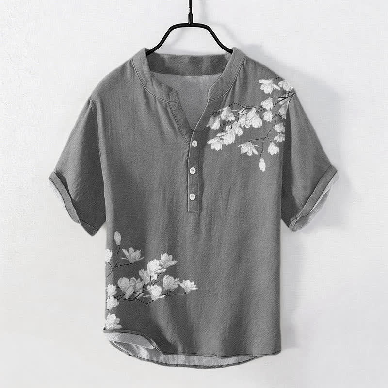 Buddha Stones Cotton White Floral Branch Pattern Men's Short Sleeve Half Button Shirt - Gray - US/UK/AU50,EU60 (5XL) - image 0