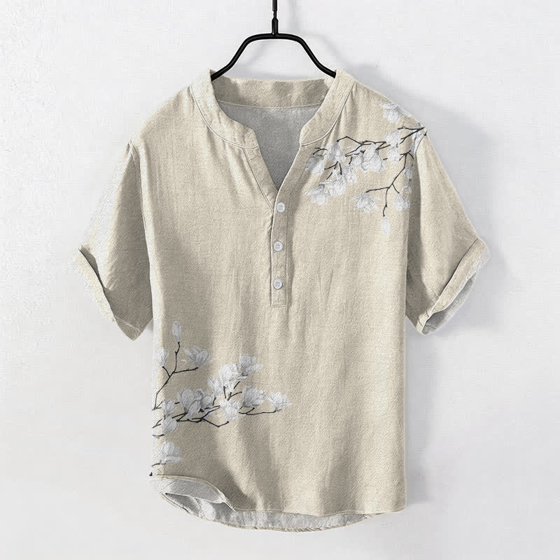 Buddha Stones Cotton White Floral Branch Pattern Men's Short Sleeve Half Button Shirt - Beige - US/UK/AU50,EU60 (5XL) - image 5